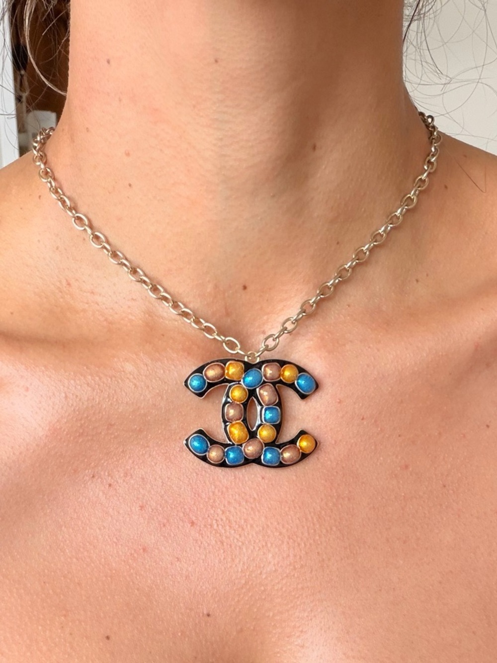 CHANEL Blue and Gold CC Logo Pendant Necklace - Picture 3 of 9